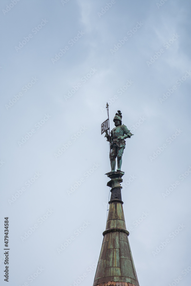 Hunedoara.Romania,2018,Corvin Castle, ,september,statue soldier with a spear at the top of the castle Hunedoara.Romania,2018,Corvin Castle, ,september,statue soldier with a spear at the top of the castle