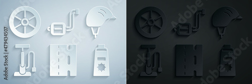 Set Bicycle lane, helmet, air pump, Sunscreen cream in tube, pedal and wheel icon. Vector