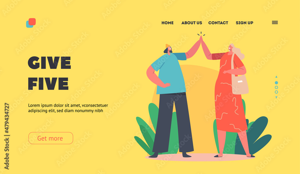 Happy Women Giving High Five Landing Page Template. Girl Friends Greeting or Support Each Other. Characters Hi Gesture