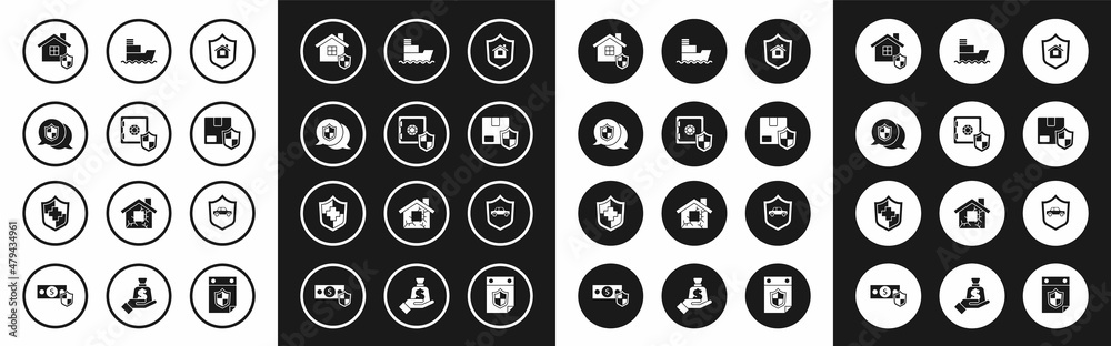 Set House with shield, Safe, Location, Delivery security, Ship, Car and Life insurance icon. Vector Set House with shield, Safe, Location, Delivery security, Ship, Car and Life insurance icon. Vector