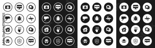Set System bug, Security camera, Browser incognito window, Barbed wire, Password protection, Check mark speech bubble and House under icon. Vector