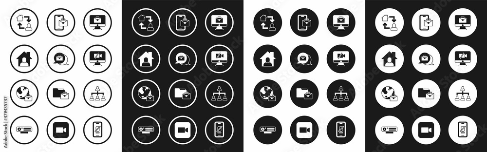 Set Online working, Video camera Off on computer, Freelancer, Hierarchy organogram chart and icon. Vector Set Online working, Video camera Off on computer, Freelancer, Hierarchy organogram chart and icon. Vector