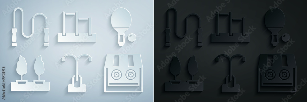 Set Street light, Racket and ball, Forest, Shooting gallery, Horizontal bar and Jump rope icon. Vector Set Street light, Racket and ball, Forest, Shooting gallery, Horizontal bar and Jump rope icon. Vector