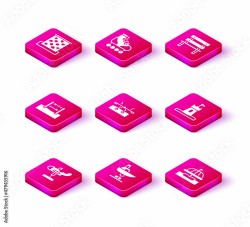 Set Swing plane, boat, Abacus, Seesaw, Attraction carousel, Sand tower, Bench and Roller skate icon. Vector