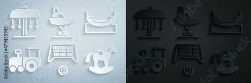 Set Soccer goal with ball, Boat swing, Toy train, Horse saddle, Swing boat and Attraction carousel icon. Vector