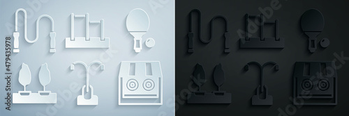Set Street light, Racket and ball, Forest, Shooting gallery, Horizontal bar and Jump rope icon. Vector