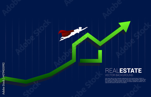 Vector Silhouette of businessman flying with green home icon with Growing graph. Concept of success investment and growth in real estate business