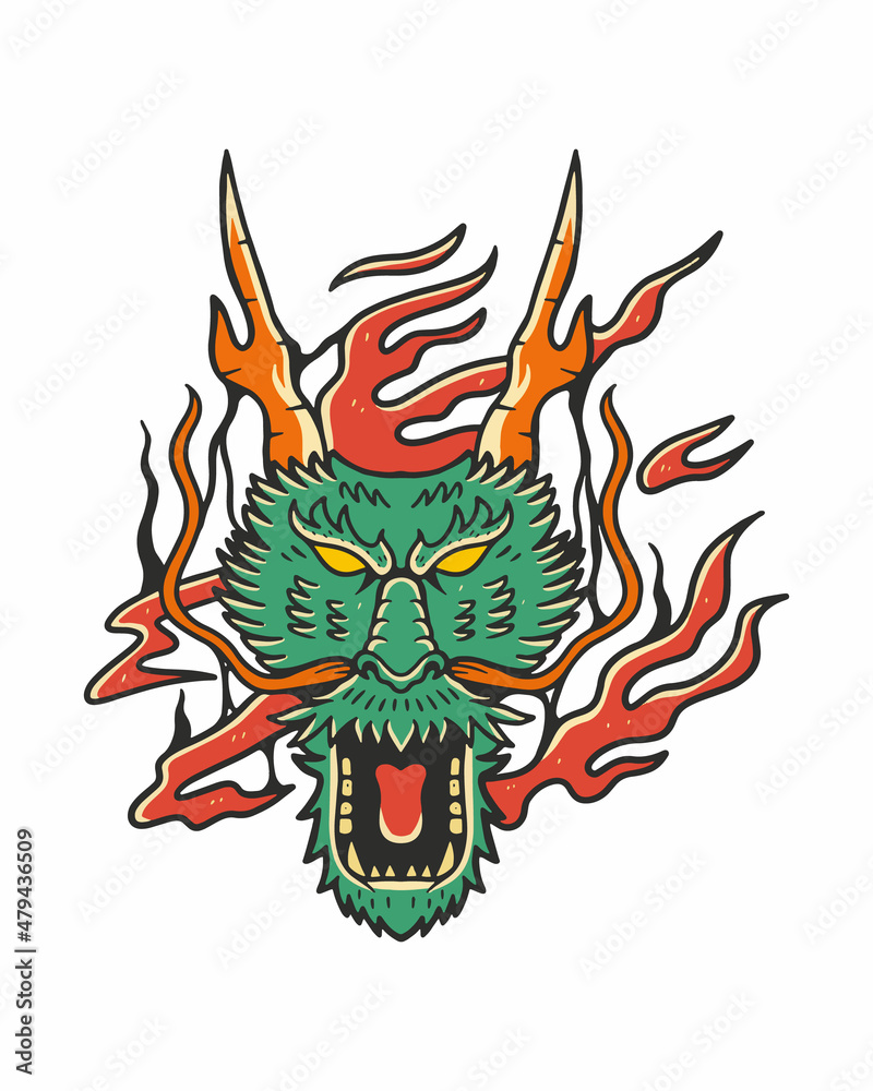 Naklejka premium dragon head and fire hand drawn illustration