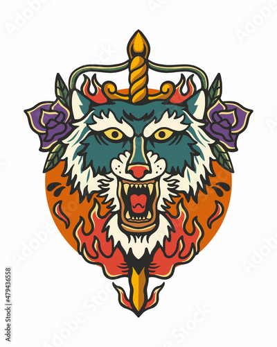 tiger head and fire hand drawn illustration