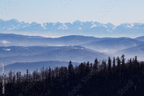 Winter view of the Slovak and Polish Tatra Mountains from Beskid Slaski Mountains