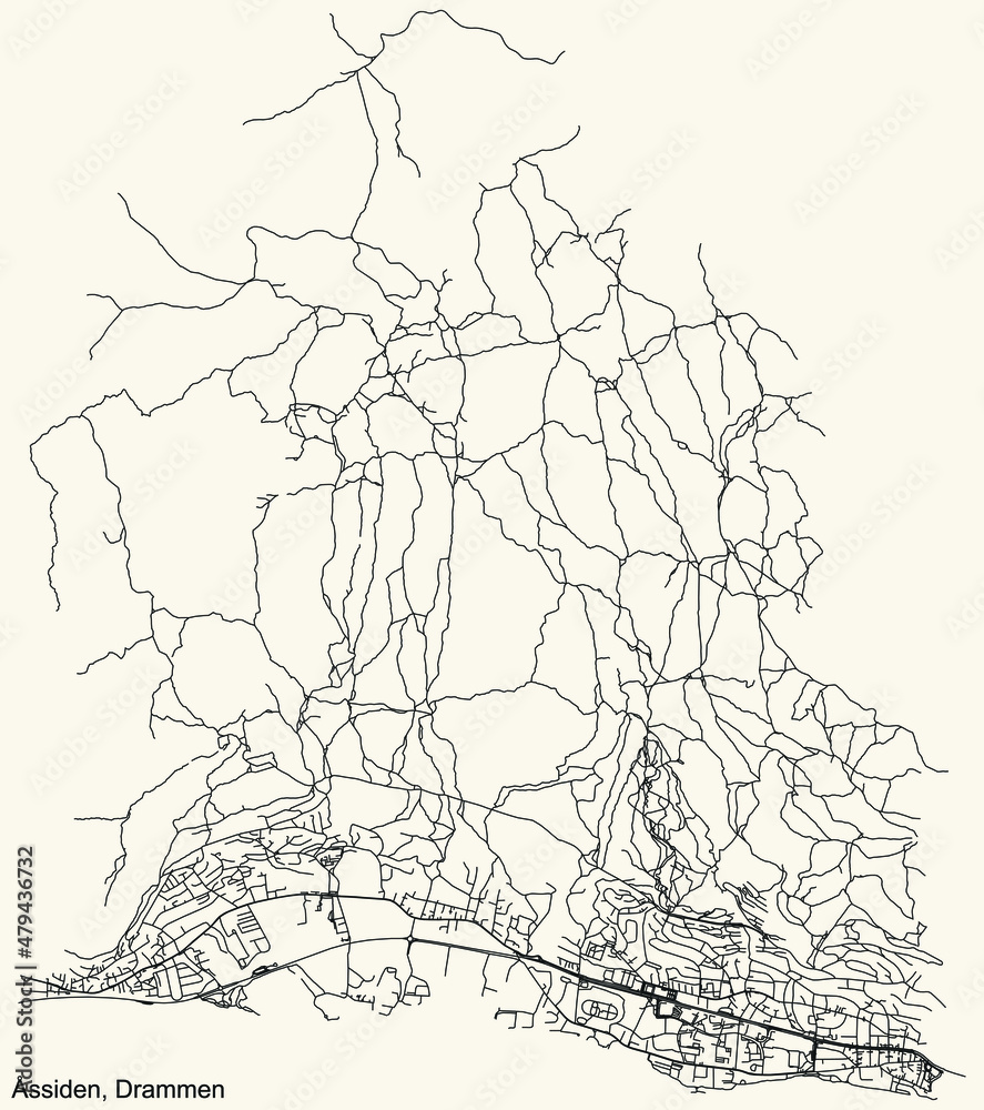 Detailed navigation black lines urban street roads map  of the quarter ÅSSIDEN MUNICIPALITY of the Norwegian regional capital city of Drammen, Norway on vintage beige background
