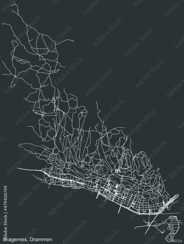Detailed negative navigation white lines urban street roads map  of the quarter BRAGERNES MUNICIPALITY of the Norwegian regional capital city of Drammen, Norway on dark gray background