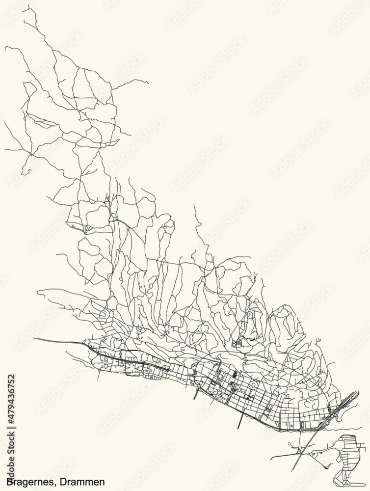 Fototapeta premium Detailed navigation black lines urban street roads map of the quarter BRAGERNES MUNICIPALITY of the Norwegian regional capital city of Drammen, Norway on vintage beige background