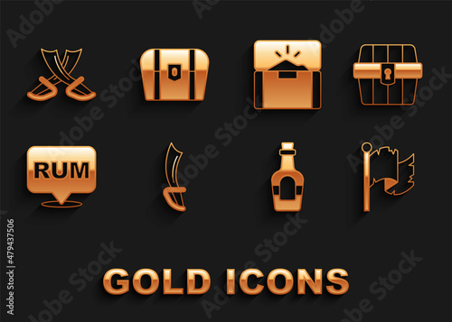 Set Pirate sword, Antique treasure chest, flag, Alcohol drink Rum, Crossed pirate swords and icon. Vector