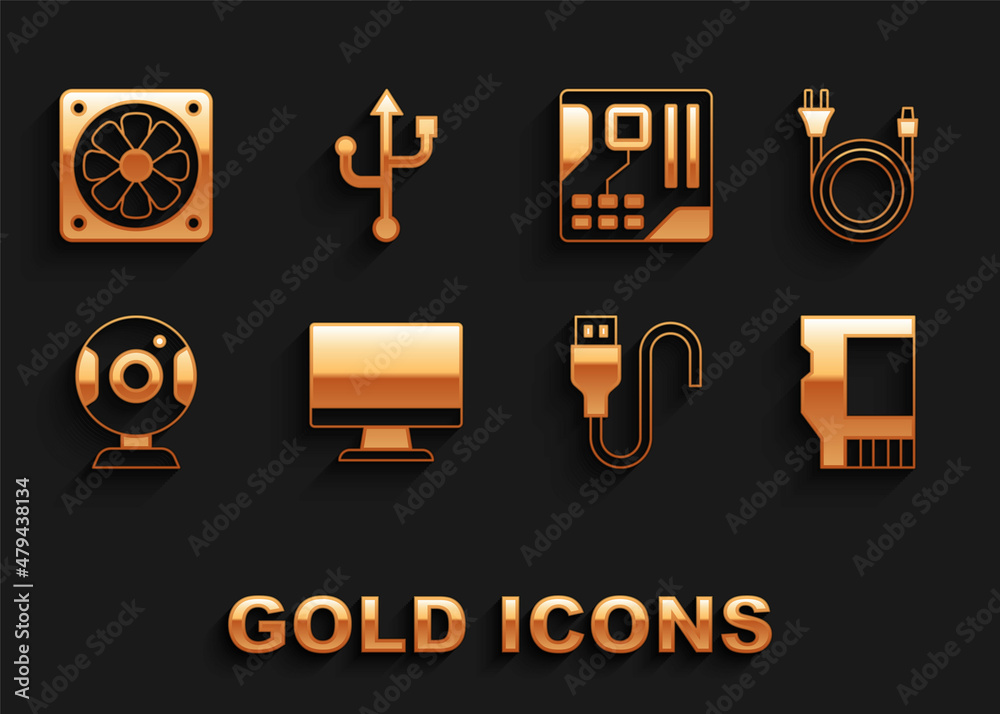 Set Computer monitor screen, Electric plug, SD card, USB cable cord, Web camera, Motherboard digital chip, cooler and icon. Vector Set Computer monitor screen, Electric plug, SD card, USB cable cord, Web camera, Motherboard digital chip, cooler and icon. Vector