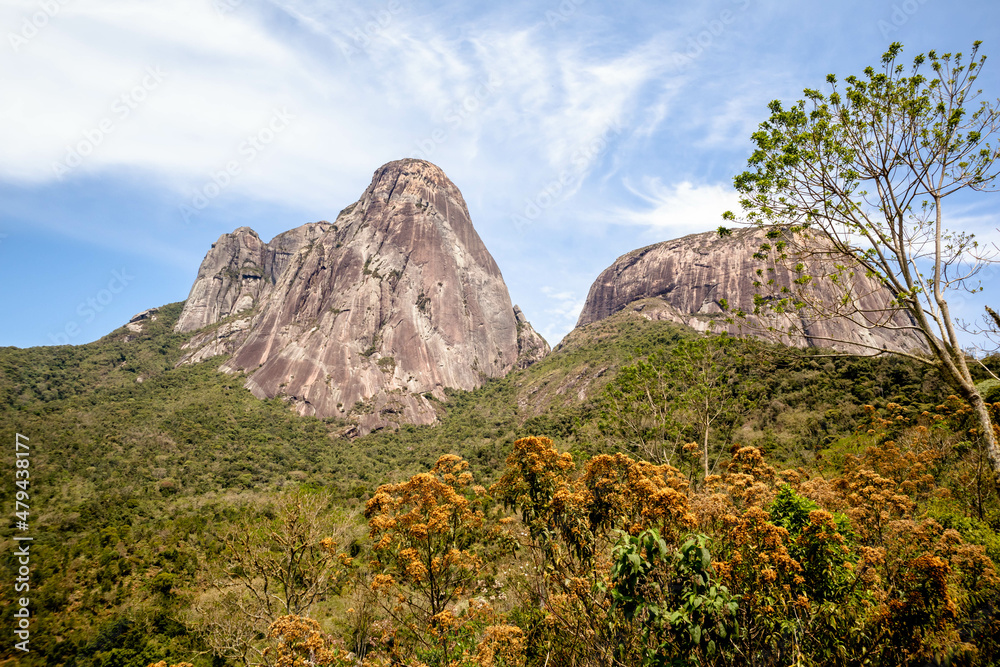 Tres Picos and Capacete rocky mountains, Salinas State Park, with famous climbing routes, sunny day with few clouds, Teresopolis, Rio de Janeiro, Brazil