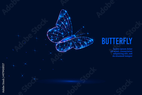 A futuristic concept of an eco-friendly idea with a glowing low polygonal butterfly on a dark blue background. Modern vector illustration of wire frame mesh design.