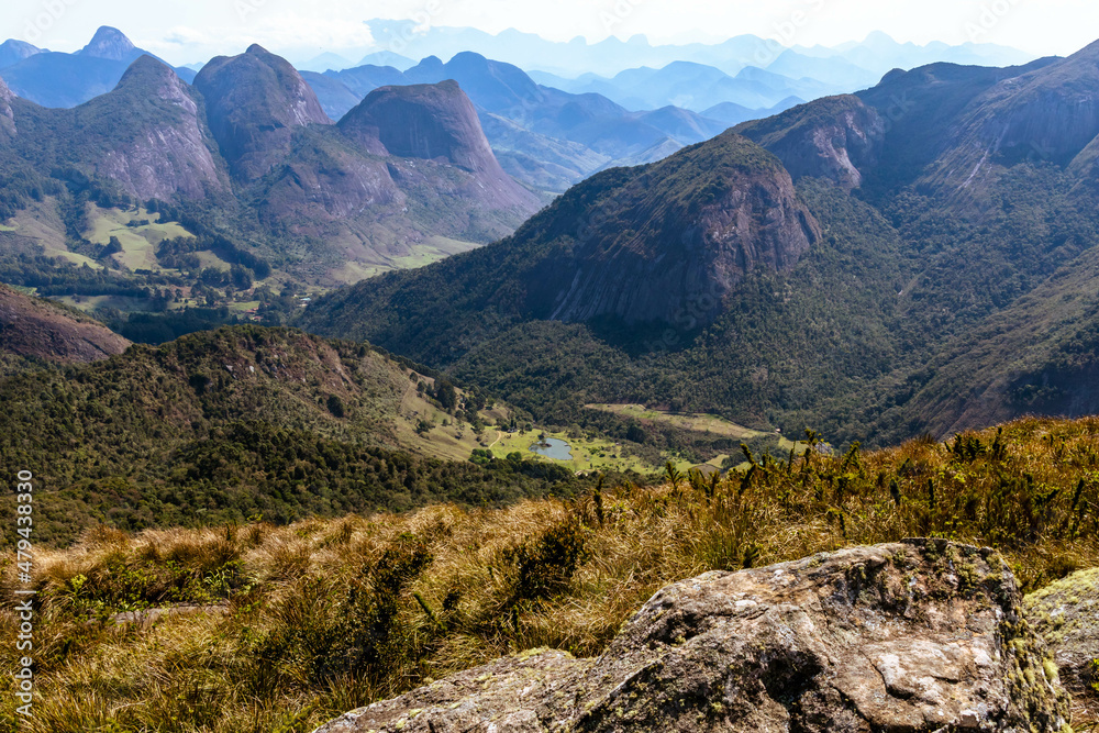 Panorama of Vale dos Frades with several peaks for climbing and trekking and Serra dos Orgãos in the background, PNSO, Teresopolis, Rio de Janeiro, Brazil