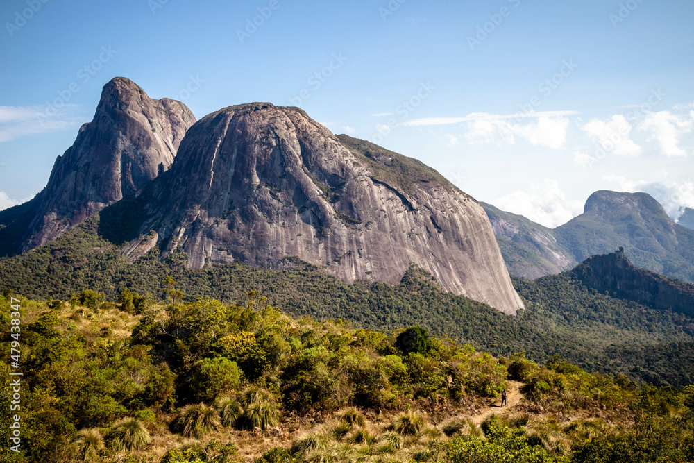 Tres Picos and Capacete rocky mountains, Salinas State Park, with famous climbing routes, sunny day with few clouds, Teresopolis, Rio de Janeiro, Brazil
