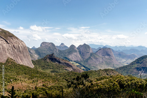 Panorama of Vale dos Frades with the match box peak and several other points for climbing and trekking and Serra dos Orgãos in the background, PNSO, Teresopolis, Rio de Janeiro, Brazil