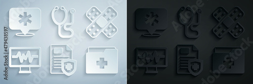 Set Patient record, Crossed bandage plaster, Monitor with cardiogram, Stethoscope and Location hospital icon. Vector