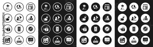 Set News on radio channel, Crime news, Journalist, Antenna, Breaking, World, Censored stamp and Cinema camera icon. Vector