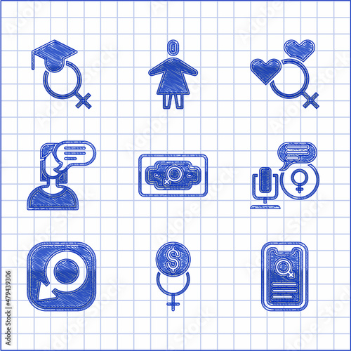 Set Money growth woman, Feminism finance, Dating app, Microphone, Male gender, Female opinion, and Teacher icon. Vector