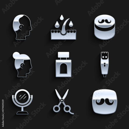 Set Aftershave, Scissors hairdresser, Barbershop, Hair clipper, Hand mirror, Hairstyle for men, Gel wax styling and Baldness icon. Vector