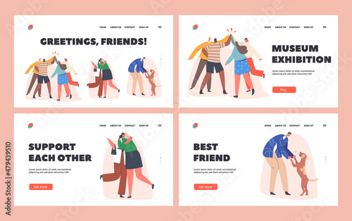 Greetings Friends Landing Page Template Set. Characters Saying Hello in Different Manners. Various Hi Gesture Beat Hands © Pavlo Syvak