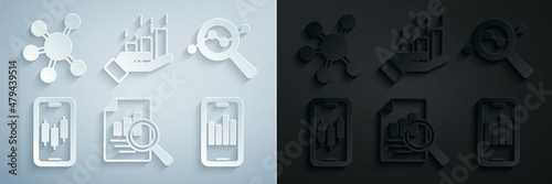 Set Document with graph chart, Search data analysis, Mobile stock trading, Financial growth and Project team base icon. Vector