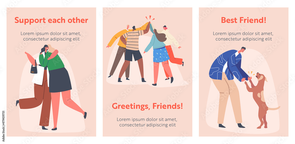 Greetings Cartoon Banners. Characters Greeting Each Other, Say Hello in Different Manners. Various Hi Gestures, Hugging Greetings Cartoon Banners. Characters Greeting Each Other, Say Hello in Different Manners. Various Hi Gestures, Hugging