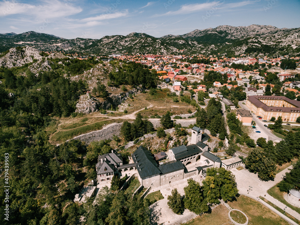View from a drone to the roof of the monastery in Cetinje. Montenegro
