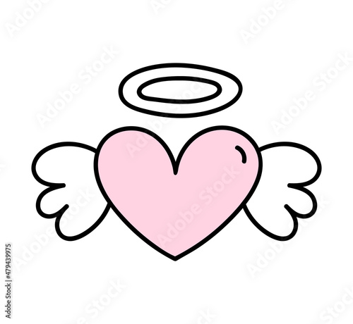 Cute heart with wings and a halo isolated on white background. Vector hand-drawn illustration in doodle style. Perfect for Valentines day designs, cards, decorations.