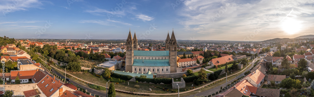 Aerial view of Sts. Peter and Paul's Cathedral Basilica, also called Pcs Cathedral, is a religious building of the Catholic church that serves as the cathedral of the Diocese of Pecs with dramatic sky