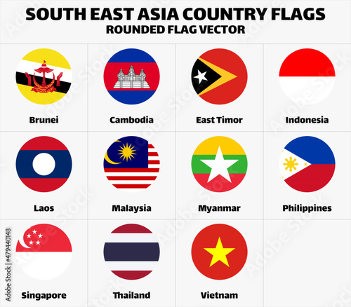 South East Asia Country Flags. Rounded Flat Vector
