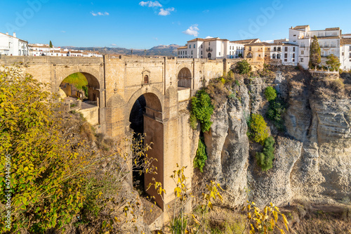 The Puente Nuevo, the old stone bridge spanning the El Tajo gorge in the mountaintop city of Ronda, in the Malaga province of Southern Spain.