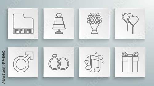 Set line Male gender symbol, Wedding cake with heart, rings, Music note, tone hearts, Gift box, Bouquet of flowers, Balloons form ribbon and Grand piano icon. Vector