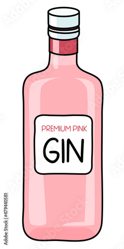 Premium pink Gin in a bottle. Doodle cartoon hipster style vector illustration isolated on white background. Good for Romantic Valentines day party card, posters, bar menu or alcohol cook book recipe