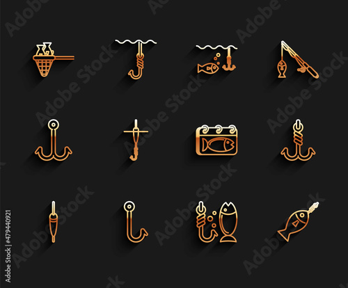 Set line Fishing float, hook, net with fish, on, and, and Calendar icon. Vector