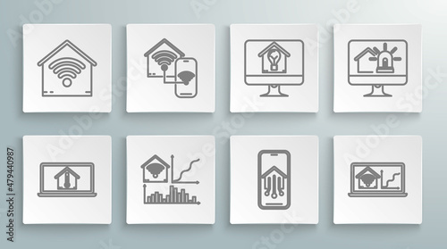 Set line Laptop with house temperature, Smart home wi-fi, Mobile phone smart, Computer monitor and light bulb, alarm and icon. Vector
