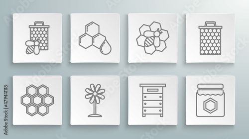Set line Honeycomb, Flower, Hive for bees, Jar of honey, Bee and honeycomb, and icon. Vector