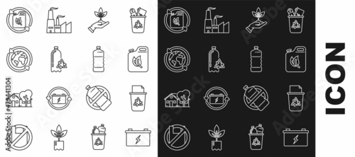 Set line Car battery, Recycle bin with recycle symbol, Bio fuel canister, Plant hand of environmental protection, Recycling plastic bottle, Planet earth recycling, and Plastic icon. Vector
