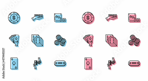 Set line Playing card with spades symbol, Casino chips exchange on stacks of dollars, Poker table, Game dice, Hand holding playing cards and deck icon. Vector