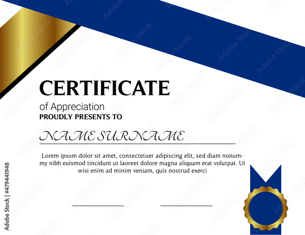 Certificate of appreciation template, gold and blue color. Clean modern certificate with gold badge. Horizontal certificate border template with luxury and modern line pattern. Diploma vector template Certificate of appreciation template, gold and blue color. Clean modern certificate with gold badge. Horizontal certificate border template with luxury and modern line pattern. Diploma vector template