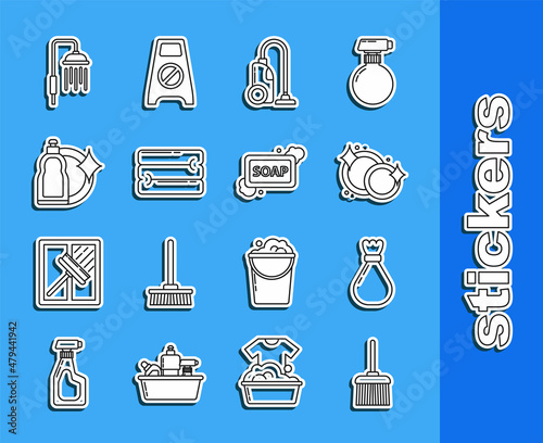 Set line Handle broom, Garbage bag, Washing dishes, Vacuum cleaner, Towel stack, Plastic bottles for liquid dishwashing liquid, Shower head with water drops flowing and Bar of soap foam icon. Vector