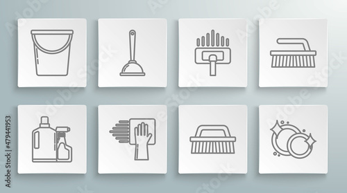 Set line Plastic bottles for liquid dishwashing liquid, Toilet plunger, Cleaning service, Brush cleaning, Washing dishes, Vacuum cleaner, and Bucket icon. Vector