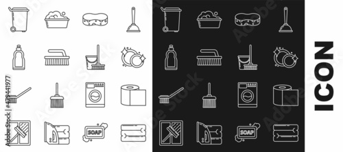 Set line Towel stack, Toilet paper roll, Washing dishes, Sponge, Brush for cleaning, Plastic bottles liquid dishwashing liquid, Trash can and Mop and bucket icon. Vector