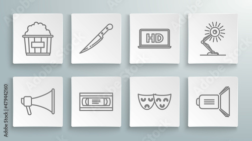 Set line Megaphone, Knife, VHS video cassette tape, Comedy and tragedy theatrical masks, Movie spotlight, Laptop screen with HD technology, Table lamp and Popcorn in cardboard box icon. Vector