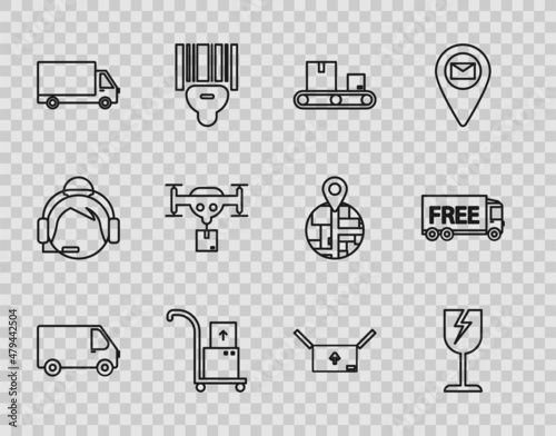 Set line Delivery cargo truck vehicle, Fragile broken glass symbol, Conveyor belt with cardboard box, Hand and boxes, drone the package, Cardboard traffic and Free delivery service icon. Vector