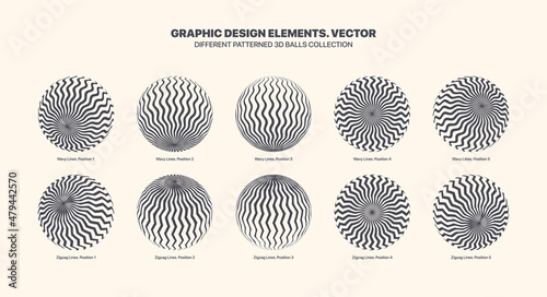 Assorted Various Vector Patterned 3D Balls In Different Positions With Wavy And Zigzag Line Art Set Isolated On White Background. Graphic Black White Variety 3D Spheres Design Elements Collection